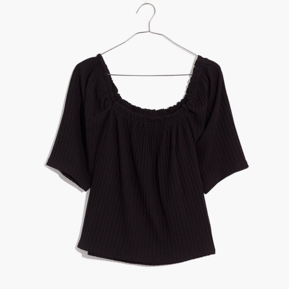 Madewell Knit Pointelle Peasant Top in Black